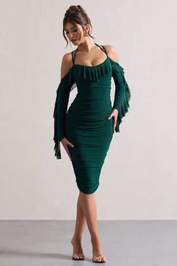 Quinn Bottle Green Ruched Strappy Long-Sleeved Midi Dress With Ruffles